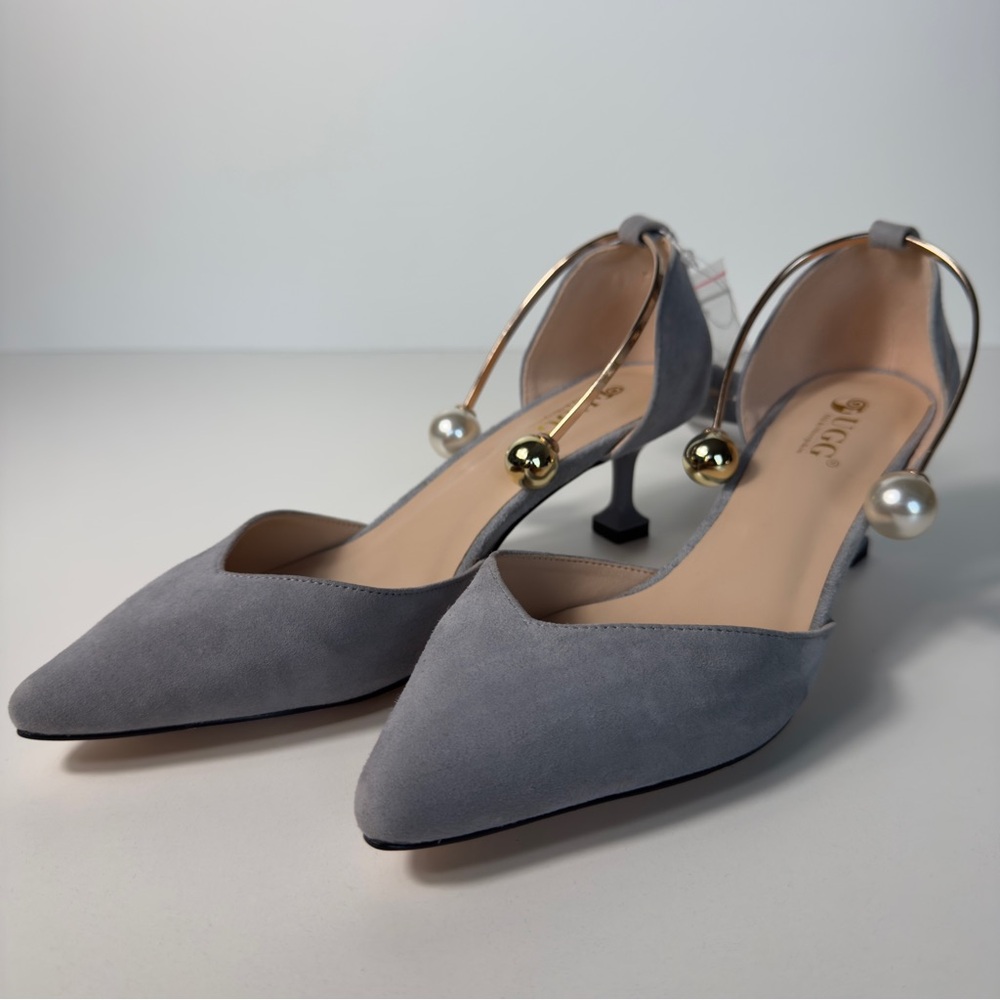 Ugg Gray Suede Pearl Embellished Heels Metal Details Slip-On Pointed Toe Shoes